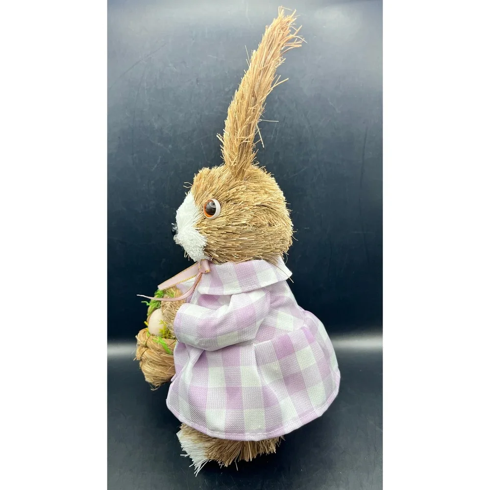 Easter Bunny‎ Figurine Sisal Straw Rabbit Lavender Gingham Dress Basket 12